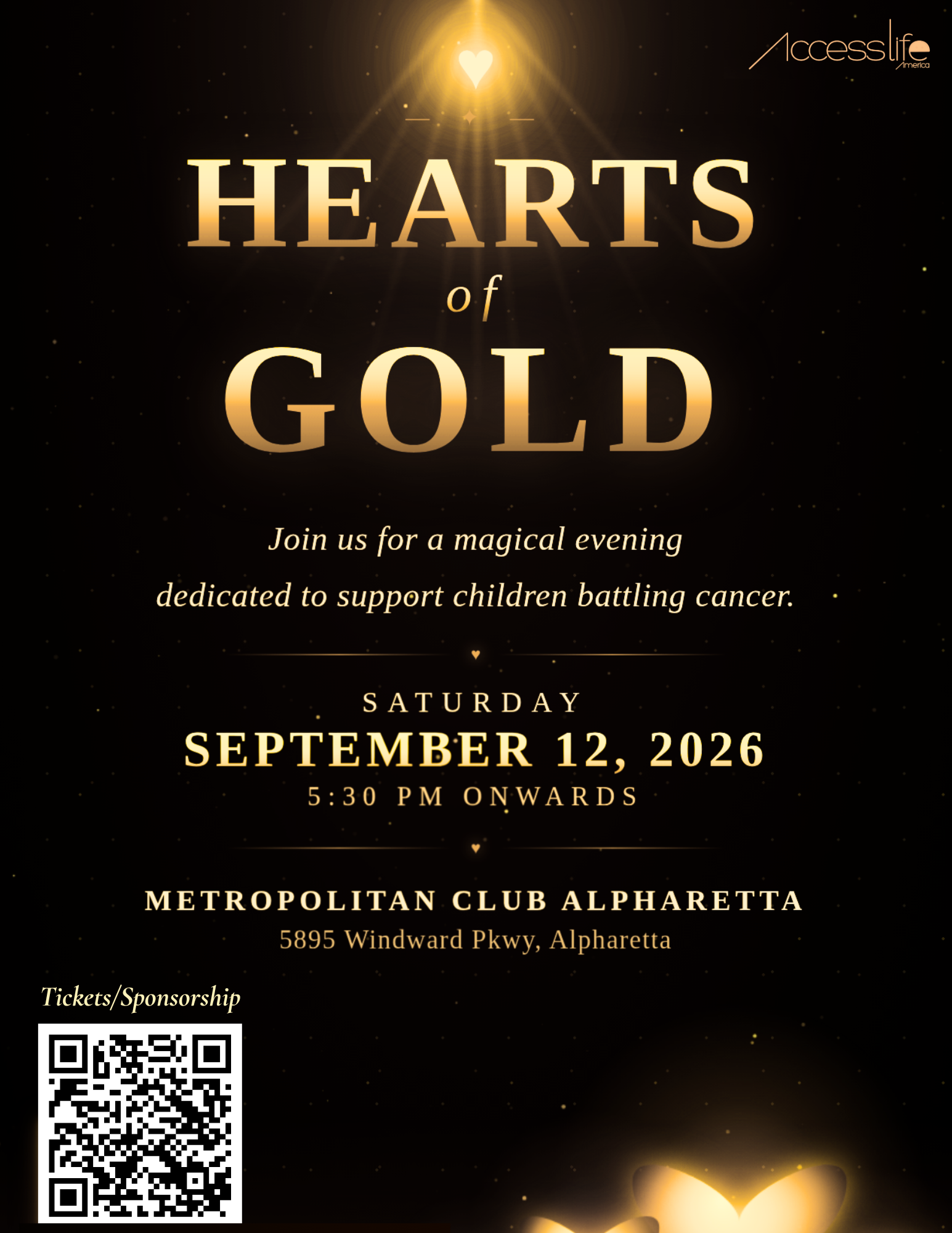 Hearts of Gold Gala — Atlanta flyer showing date, time, venue and event highlights.